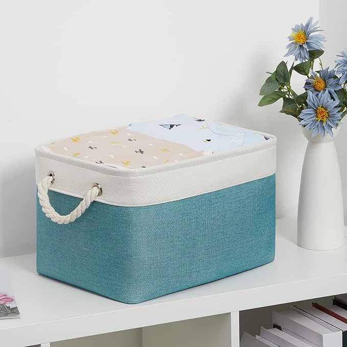 Bidtakay Basket Storage Bins with Handles Fabric Large Storage Baskets for Organizing Set of 3 Collapsible Rectangular Basket for Shelves Closet Organizer 15 X 11 X 9.5 Inches(White&Teal Blue)