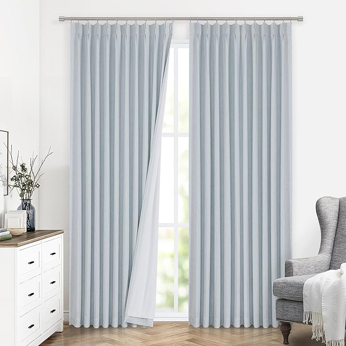 Vision Home Blue Fog Pinch Pleated Full Blackout Curtains Linen Blended Room Darkening Window Curtains 72 inch for Living Room Bedroom Thermal Insulated Pinch Pleat Drapes with Hooks 1 Panel 60"Wx72"L