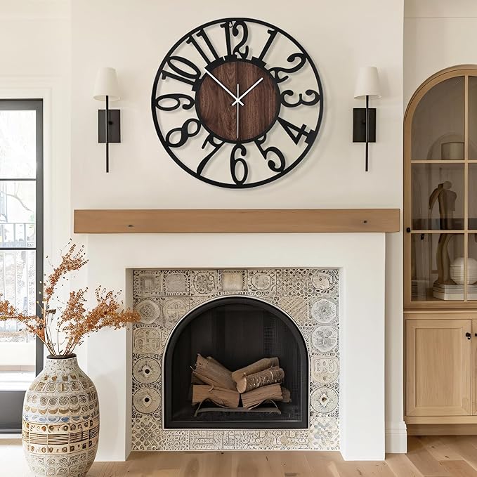 Maxstar Round Wall Clock for Living Room Decor Battery Operated Non Ticking Silent Vintage Black Metal Wood Clocks for Home Living Room Garden Farmhouse Office Kitchen Decoration -13 inch