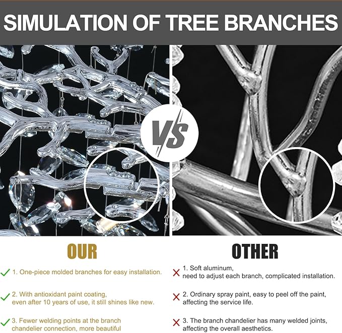 Modern Crystal Chandeliers for Dining Room, 40" Round Silver Tree Branches Chandeliers, Large Dining Room Over Table Chandeliers Lights Fixture, Branches and Crystals Ceiling Light Fixtures