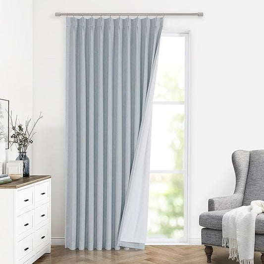 Vision Home Blue Fog Pinch Pleated Full Blackout Curtains Linen Blended Room Darkening Window Curtains 95 inch for Living Room Bedroom Thermal Insulated Pinch Pleat Drapes with Hooks 1 Panel 60"Wx95"L