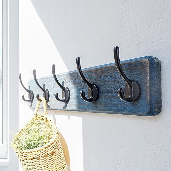 Dseap Coat Rack Wall: Patented, Heavy-Duty, 5-Double-Hooks Wooden Wall Mounted Coat Rack Coat Hanger Hook Rail for Winter Coats Hat Jacket Clothing, Weathered Blue