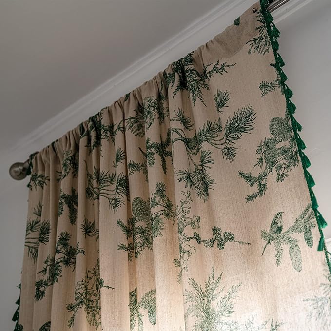 Sutuo Home Boho Curtain 96 Inches Length for Bedroom, Printed Cotton Linen Rod Pocket Semi Blackout Farmhouse Bohemian Tassels Window Treatment for Living Room, 1 Panel 59" W x 96" L, Green Forest