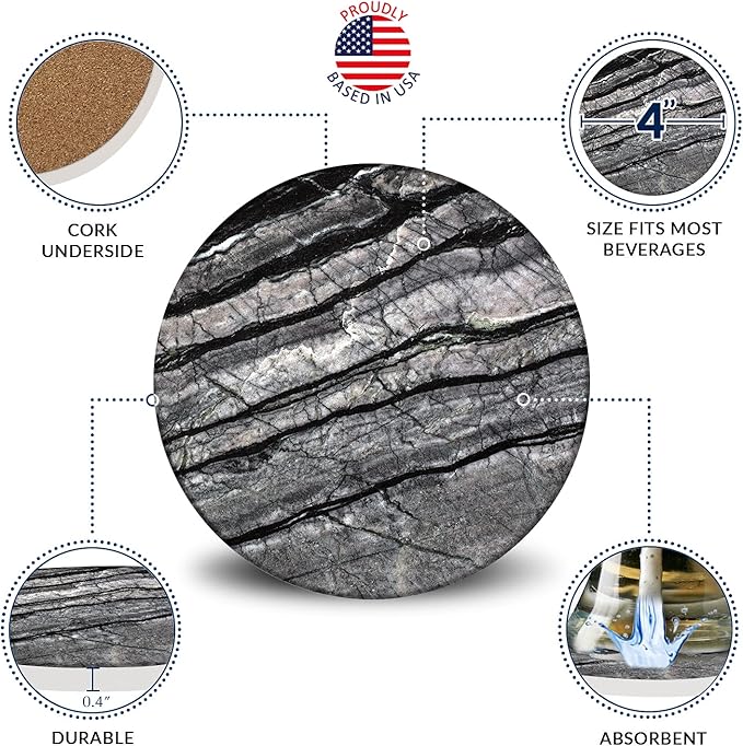 Emerson Coasters for Drinks Absorbent – Natural Stone Drink Coasters Set with Holder, Coasters for Coffee Table, Wooden Tabletop Protection Marble Style – 100% Heavy Duty Set of 6 (Obsidian)