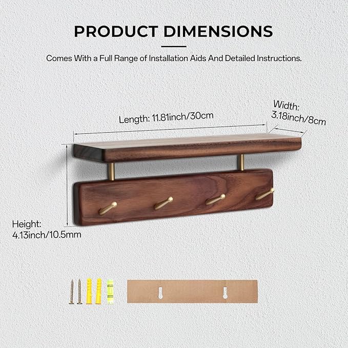 Shelf with Hooks, Solid Wood Bedroom Shelves for Wall, Wooden Coat Rack Wall Mount for Bathroom, Kitchen, Door Entryway (Walnut, 30cm/11.81inch)