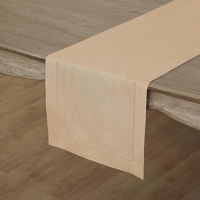 Solino Home Linen Table Runner 36 Inches - 100% Pure Linen Beige Hemstitch Table Runner 14 x 36 Inch Ideal for Dresser and Coffee Tables - Fall, Autumn, Thanksgiving - Classic Hemstitch