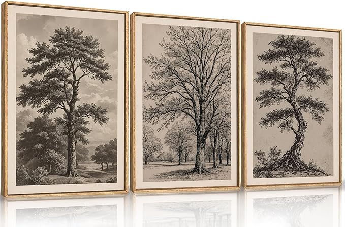 HPINUB Vintage Sketch Tree Framed Canvas Wall Art Set,Modern Nature Botanical Wall Decor, Antique Wilderness Tree Artwork,Minimalist Neutral Art Prints for Living Room,Bedroom,Farmhouse-24 x36 x3