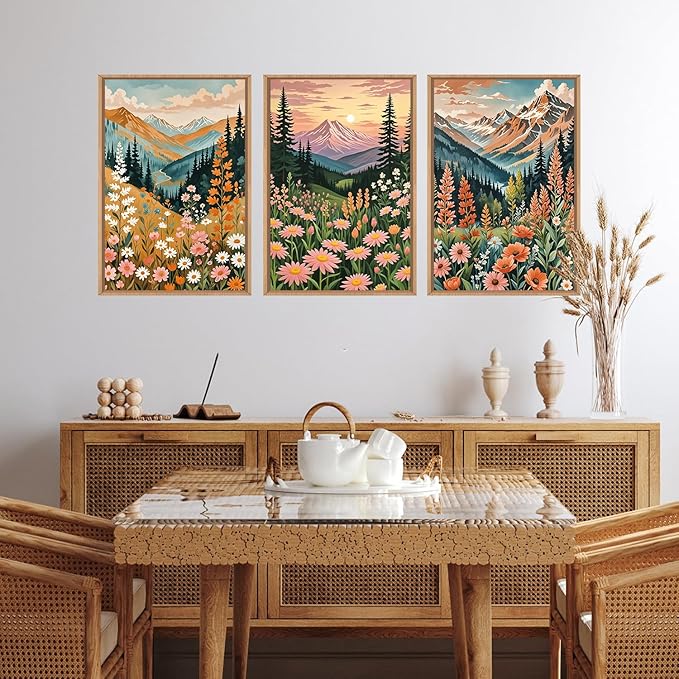 HPINUB Mountain Sunset Floral Framed Canvas Wall Art Set,Colorful Wildflower Daisy Flower Wall Decor,Boho Blossom Botanical Artwork Modern Nature Landscape Art Print for Living Room,Bedroom-16 x24 x3