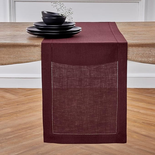 Solino Home Linen Burgundy Table Runner 72 Inches Long - 100% Pure Linen Hemstitch Table Runner 14 x 72 Inch for Dresser, Dining, Fall, Autumn, Halloween, Thanksgiving - Classic Hemstitch