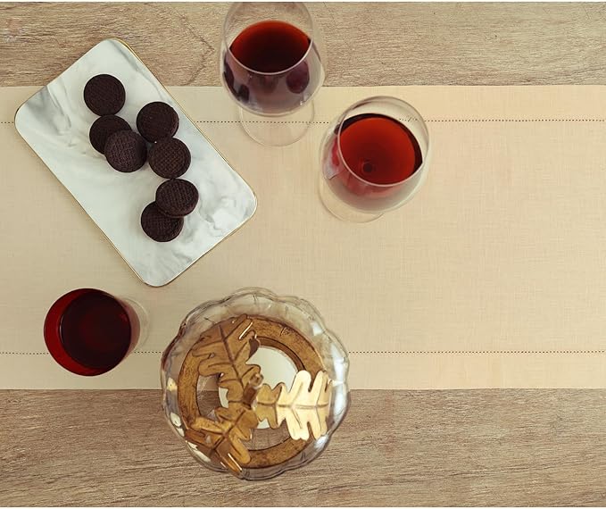 Solino Home Linen Beige Table Runner 90 Inches Long - 100% Pure Linen 14 x 90 Inch Table Runner for Fall, Autumn, Thanksgiving - Classic Hemstitch