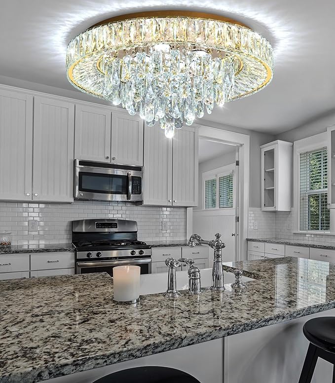 23.6'' Modern Crystal Chandeliers LED Dimmable Flush Mount Ceiling Chandeliers for Living Room Entrance Foyer Bedroom Gold