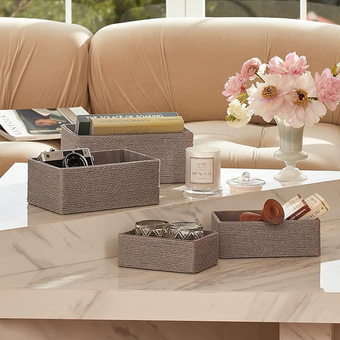 LA JOLIE MUSE Storage Baskets Set 4 - Stackable Woven Basket Paper Rope Bin, Storage Boxes for Makeup Closet Bathroom Bedroom (Gray)