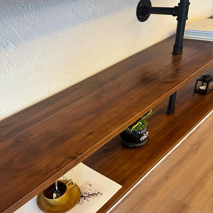 Industrial Pipe Wall Shelves With Real Wood Plank, 70 Inches Floating Shelves for Wall, 4 Tier Farmhouse Book Shelves, Dark Brown for Kitchen, Living Room Decor and Bar