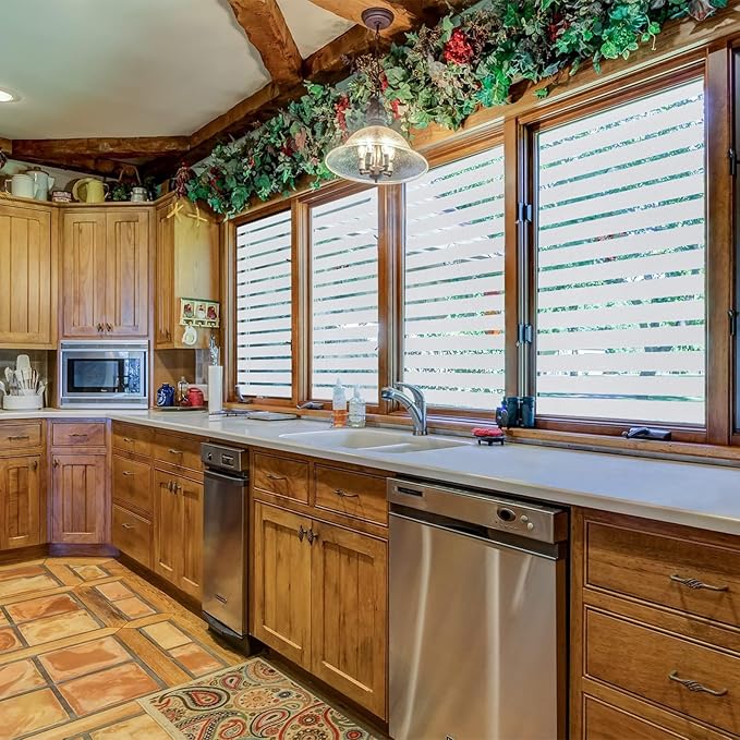 Window Privacy Film with Installation Tools, Stripe Window Film, Static Cling, Anti UV, Heat Control, Ideal for Home Shower Office Glass Door (Stripes Pattern, 29.6X78.7Inch)