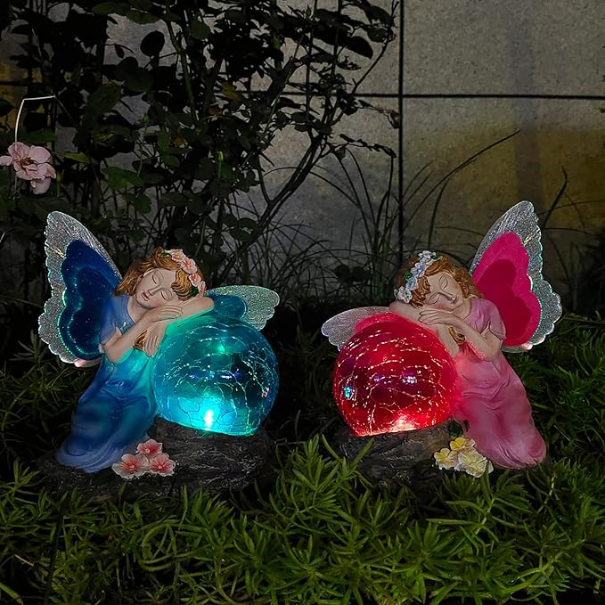 Fairy Garden Statue ，Solar Garden Decor ，Fairy Statue Outdoor with Glass Ball ，Waterproof Outdoor Decor，Suitable for Yard, Lawn ，Ideal for Holiday Giving（Blue）