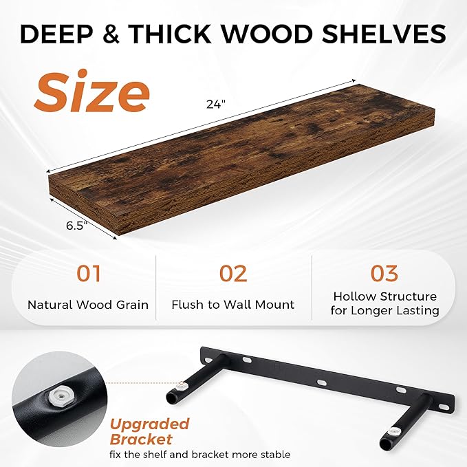 Fun Memories Floating Shelves for Wall, 24" Rustic Wood Deep Wall Mounted Shelves with Invisible Brackets for Decor & Storage, Floating Shelf for Living Room, Bathroom (Rustic Brown, Set of 2)