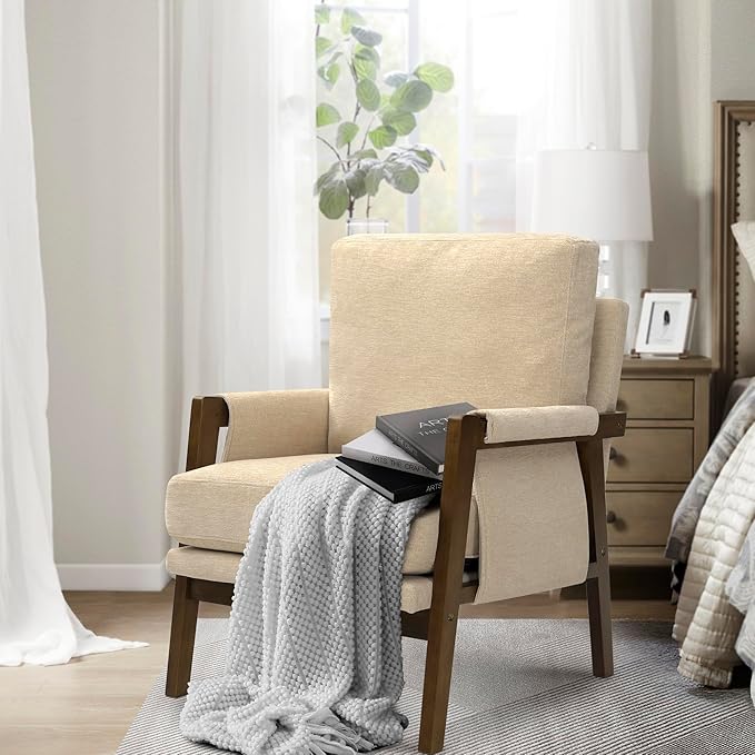 Modern Accent Chair for Living Room Mid Century Arm Chair Upholstered Bedroom Chair Comfy Lounge Chair with Solid Wood Frame, Beige