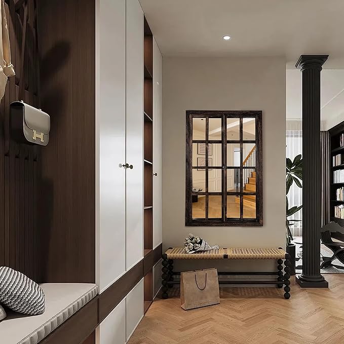 Wall Mirror with Window Design, 36"x24" Rustic Farmhouse Wood Mirror for Wall Decor, Decorative Vintage Mirror for Living Room, Bedroom, Entryway