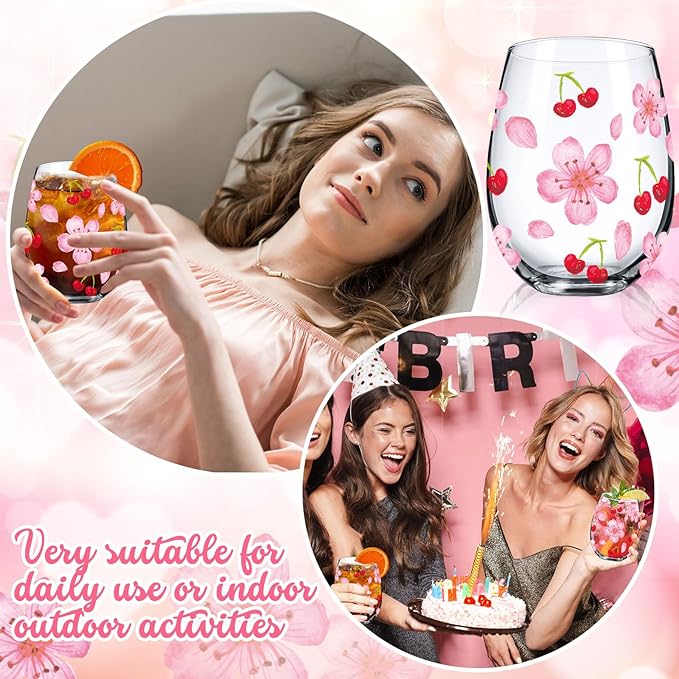 Sliner 2 Pack 17oz Cherry and Flower Stemless Wine Glasses Cherry Blossom Drinking Glasses Floral Tumbler Cups for Women Birthday Anniversary Gift Parties Supplies