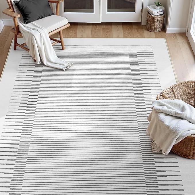 Wonnitar 5x7 Washable Striped Living Room Area Rug, Non-Slip Grey Boho Rugs for Bedroom, Low Pile Soft Minimalist Floor Carpets for Dining Room Home Office (Grey,5' x 7')