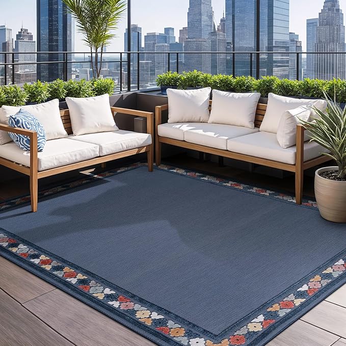 Beverly Rug Outdoor Rug 8x10 Modern Bordered Area Rugs for Indoor and Outdoor Patio Easy to Clean Non Shedding Living Room Porch Garden Washable Outside Carpet (8 x 10 Blue)