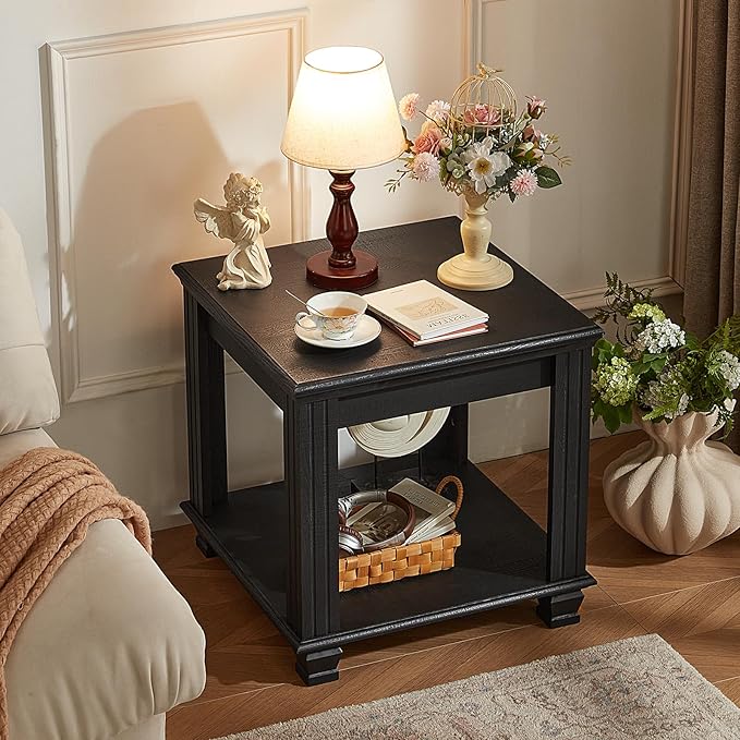 Farmhouse End Table Set of 2,Large Side Table with 2-Tier Storage Shelf,Rustic Wood End Tables for Living Room,Square Tea Table, Black
