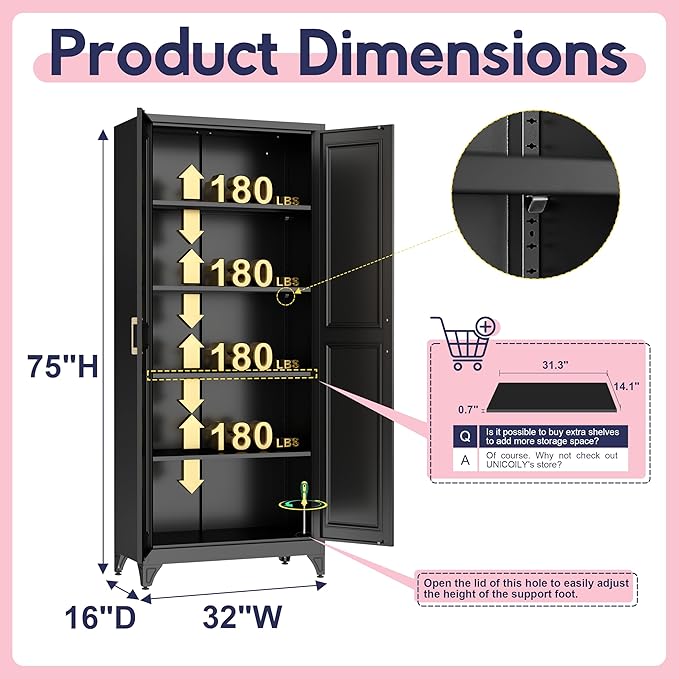 75" Storage Cabinet, Metal Pantry Cabinet, Kitchen Pantry Storage Cabinets with Doors and 4 Shelves, Cabinets for Laundry Room, Living Room, Dinning Room, Assembly Required, Black