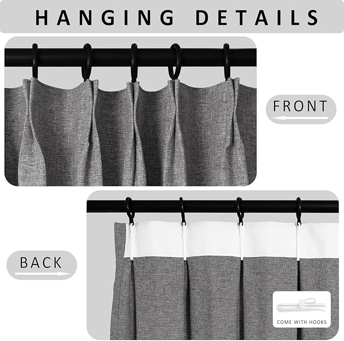 Macochico Pinch Pleated Blackout Curtains 102 Inches Long 100% Blackout Natural Linen Drapes for Bedroom Living Room Windows Farmhouse Burlap Curtains with Tieback 52”Wx102”L Gray 1 Panel