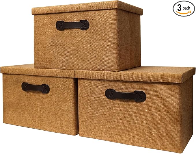 Enzk&Unity Decorative Storage Bins with Lids, Fabric Linen Foldable Storage Box with Handle Home Organizer for Shelf, Closet, Bedroom, Living Room, Office, 3 Packs, Brown