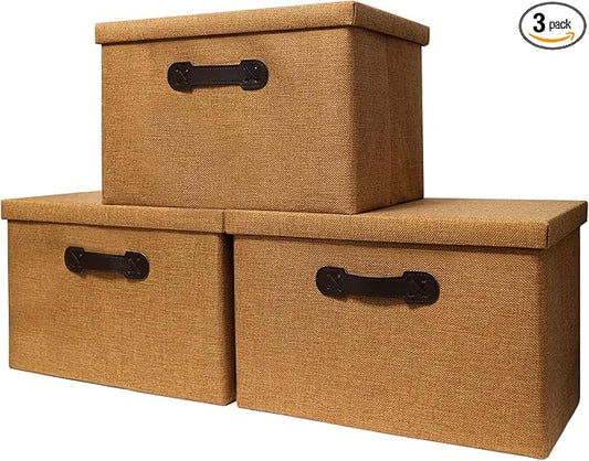 Enzk&Unity Decorative Storage Bins with Lids, Fabric Linen Foldable Storage Box with Handle Home Organizer for Shelf, Closet, Bedroom, Living Room, Office, 3 Packs, Brown