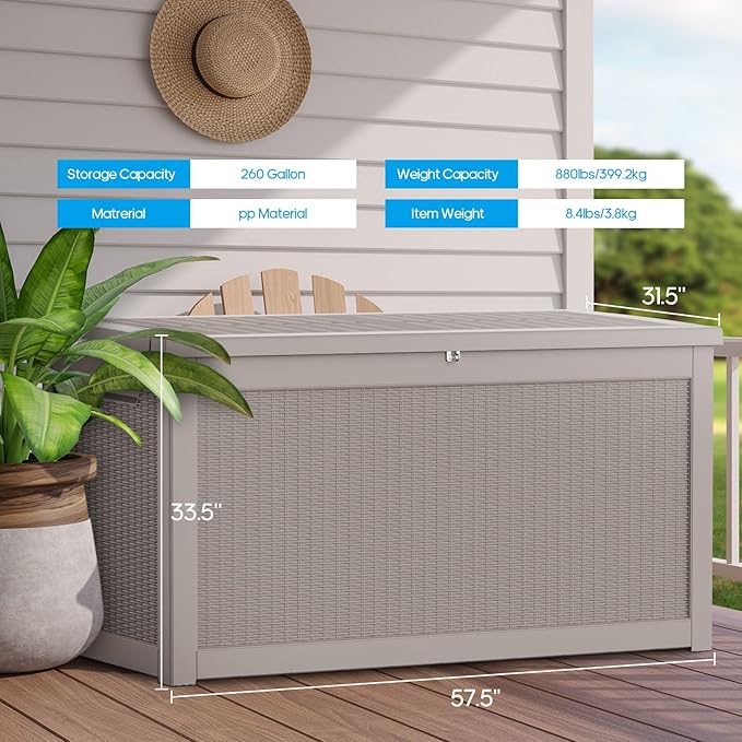 Large Deck Box 260 Gallon, Resin Patio Storage Box with Lockable Lid for Patio Furniture, Garden Tools, Pool Accessories, Weatherproof Outdoor Storage Bin, Brown