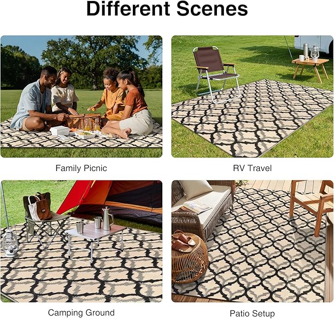 OLANLY Reversible Outdoor Rug 5x8 ft Clearance, Waterproof Outdoor Plastic Straw Rug with Interlacing Pattern, RV Mat for Patio, Camping, Balcony, Deck, Backyard, Black & Beige