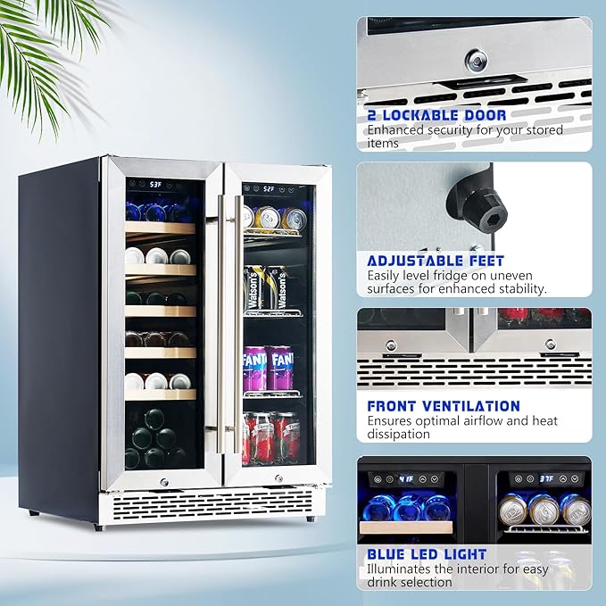 Albott Beverage Refrigerator - 24-Inch Dual Zone Cooler with Glass Door, Freestanding/Under Counter Wine and Beer Fridge, Holds 20 Bottles & 78 Cans, Ideal for Kitchen, Bar, Office, 34-64℉ & 41-68℉