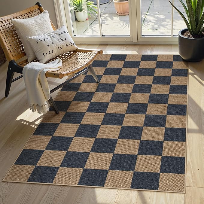 Lahome Checkered Easy Jute Indoor Outdoor Carpet, 3x5 Washable Rugs for Entryway Living Room Farmhouse Area Rug, Non Slip Blue Checkerboard Indoor Door Mat for Entry Patio Deck