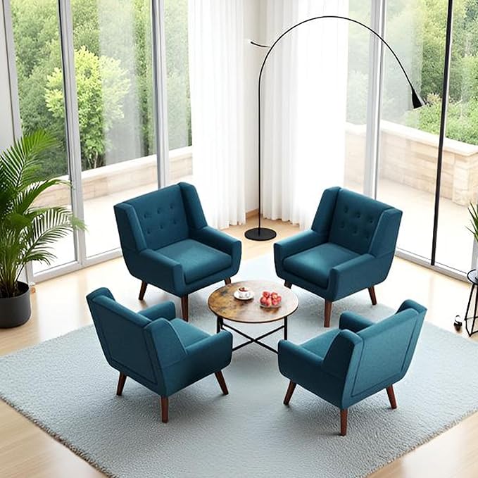 HUIMO Button-Tufted Accent Chairs Set of 2,Upholstered Reading Living Room Chair,Mid Century Modern Chair with Linen Fabric, Club Chair,Comfy Arm Chairs for Living Room,Bedroom,Lake Blue