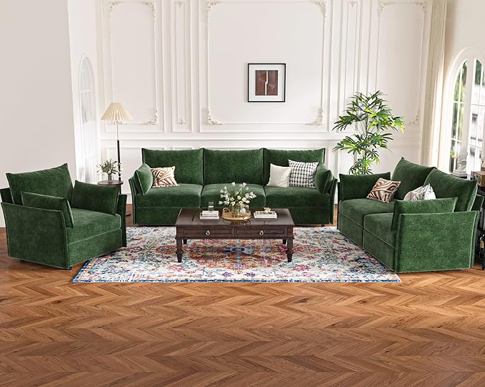 Oversized Loveseat Sofa, Modern Modular Sectional Couch Green Fluffy Chenille Mid Century 2-Seat 24.5" Deep Seat for Apartment, Living Room, Bedroom