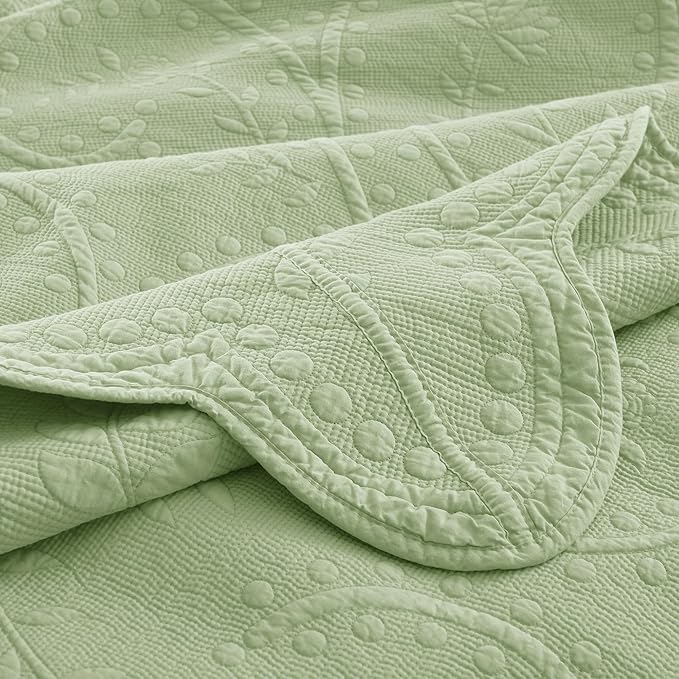 MarCielo 3-Piece 100% Cotton Oversized Bedspread Lightweight Quilt Coverlet Embroidery Farmhouse Bedding Set (TX Pale Green, Oversized Queen (100"x106"))