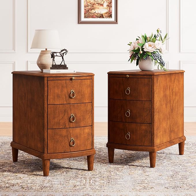 Set of 2 Solid Wood End Table with 3 Drawers, Fully Assembled Nightstand with Sliding Shelf, Pre-Assembled Vintage Wooden Beside Tables In Cherry Brown for Small Space,13.4*22.4*22.6in