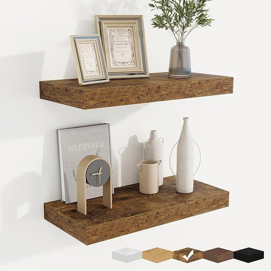 fuqing Floating Shelves for Wall, Bathroom Shelf Wall Mounted for Storage, Shelves with Invisible Bracket for Bedroom, Kitchen, Living Room, Farmhouse Small Book Shelf, 16 Inch Set of 2, Rustic Brown