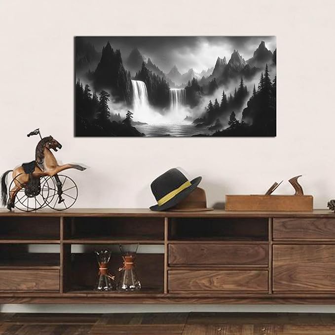 Mountain Wall Pictures for Living Room Decor - Black and White Wall Art Bedroom - Waterfall Canvas Wall Art for Office Size 20" x 40"