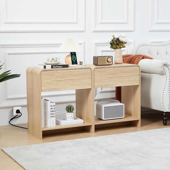 Fluted Nightstand Set of 2 with Charging Station, Modern Bed Side Table End Table with Drawer Storage, Large Wooden Night Stands Bedside for Bedroom Living Room Sofa Office, Natural 2 Sets