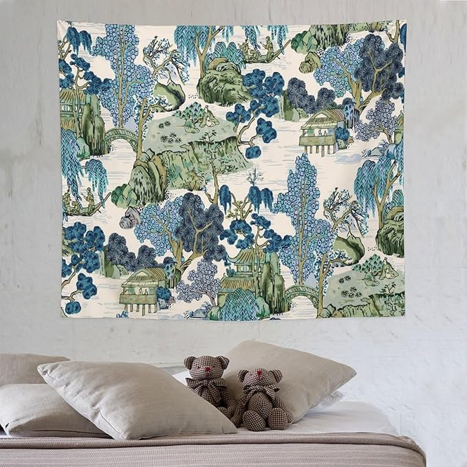 Chinoiserie Tapestry,Asian Watercolor Abstract Art Tapestry,Asian Japanese Wall Tapestry, Nature Landscape Tapestries for Bedroom Living Room Decor 60"x50"