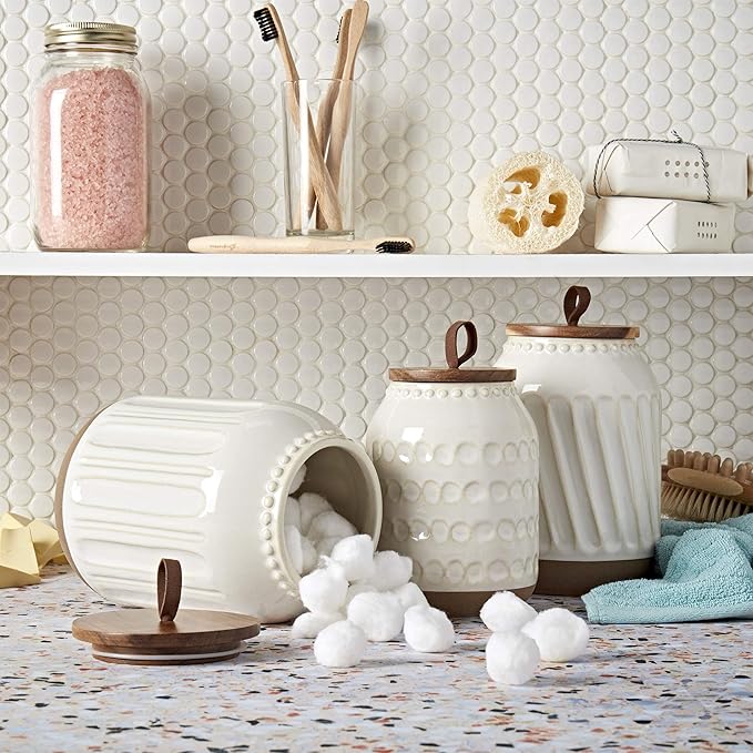 TTU Tabletops Gallery Ceramic Canister Collection- Stoneware Designed Kitchen Storage Embossed Acacia Wood White Set, 3 Piece Embossed Ziggy White Canister Set