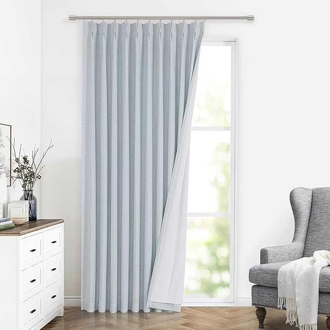 Vision Home Blue Fog Pinch Pleated Full Blackout Curtains Linen Blended Room Darkening Window Curtains 72 inch for Living Room Bedroom Thermal Insulated Pinch Pleat Drapes with Hooks 1 Panel 60"Wx72"L