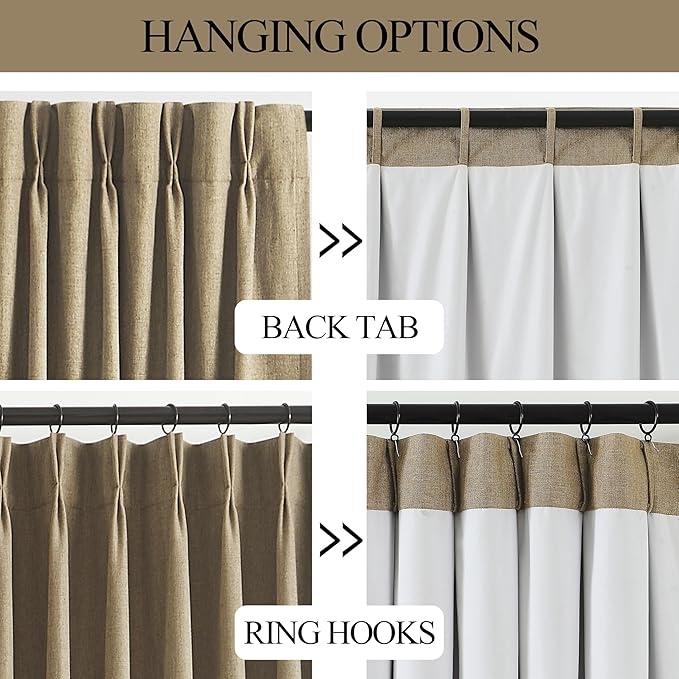 Vision Home Brown Pinch Pleated Full Blackout Curtains Linen Blended Room Darkening Window Curtains 102 inch for Living Room Bedroom Thermal Insulated Pinch Pleat Drapes with Hooks 40" Wx102 Lx2