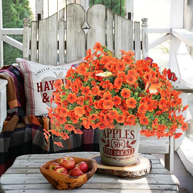 ‌20 Bundles Artificial Flowers for Outdoors‌ with 6 Faux Butterflies, UV Resistant ‌Fake Flowers‌ with Eucalyptus Leaves, ‌Artificial Plants Outdoor‌ for Patio Garden Porch Home Decor (Orange)