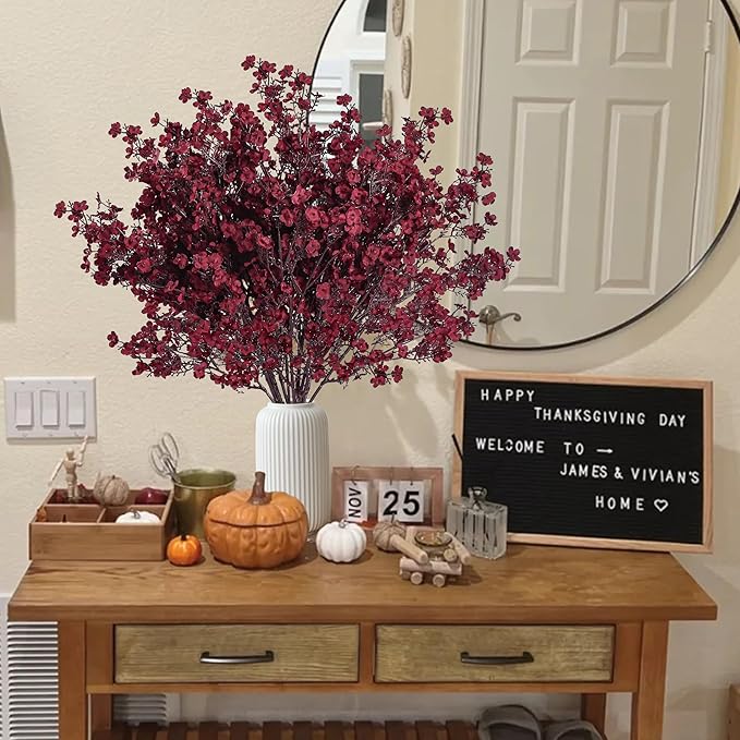Sggvecsy 15 Pcs Babys Breath Artificial Flowers Gypsophila Bouquets Bulk Real Touch Fake Silk Flowers for Home DIY Floral Arrangement Table Centerpiece Fall Thanksgiving Autumn Decoration (Burgundy)