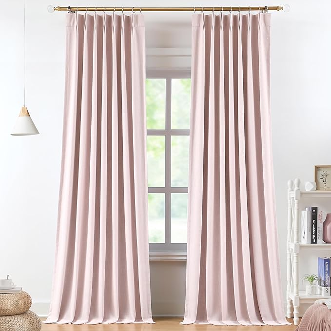 Vision Home Soft Pink Pinch Pleated Full Blackout Curtains Linen Blended Room Darkening Curtain Panels 120 inch for Living Room Bedroom Thermal Insulated Pinch Pleat Drapes with Hooks 40" Wx120 Lx2
