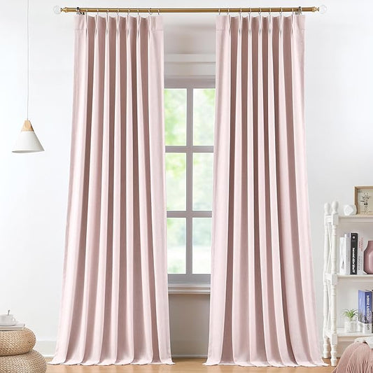 Vision Home Soft Pink Pinch Pleated Full Blackout Curtains Linen Blended Room Darkening Curtain Panels 108 inch for Living Room Bedroom Thermal Insulated Pinch Pleat Drapes with Hooks 9FT 40"Wx108"Lx2