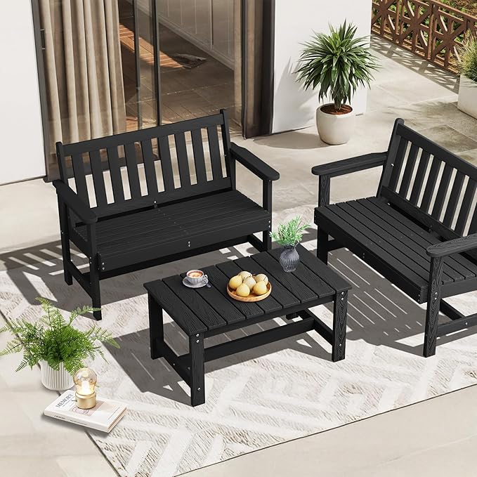 SERWALL Outdoor Coffee Table, HDPE Patio Coffee Table for Outside, Rectangle, Black